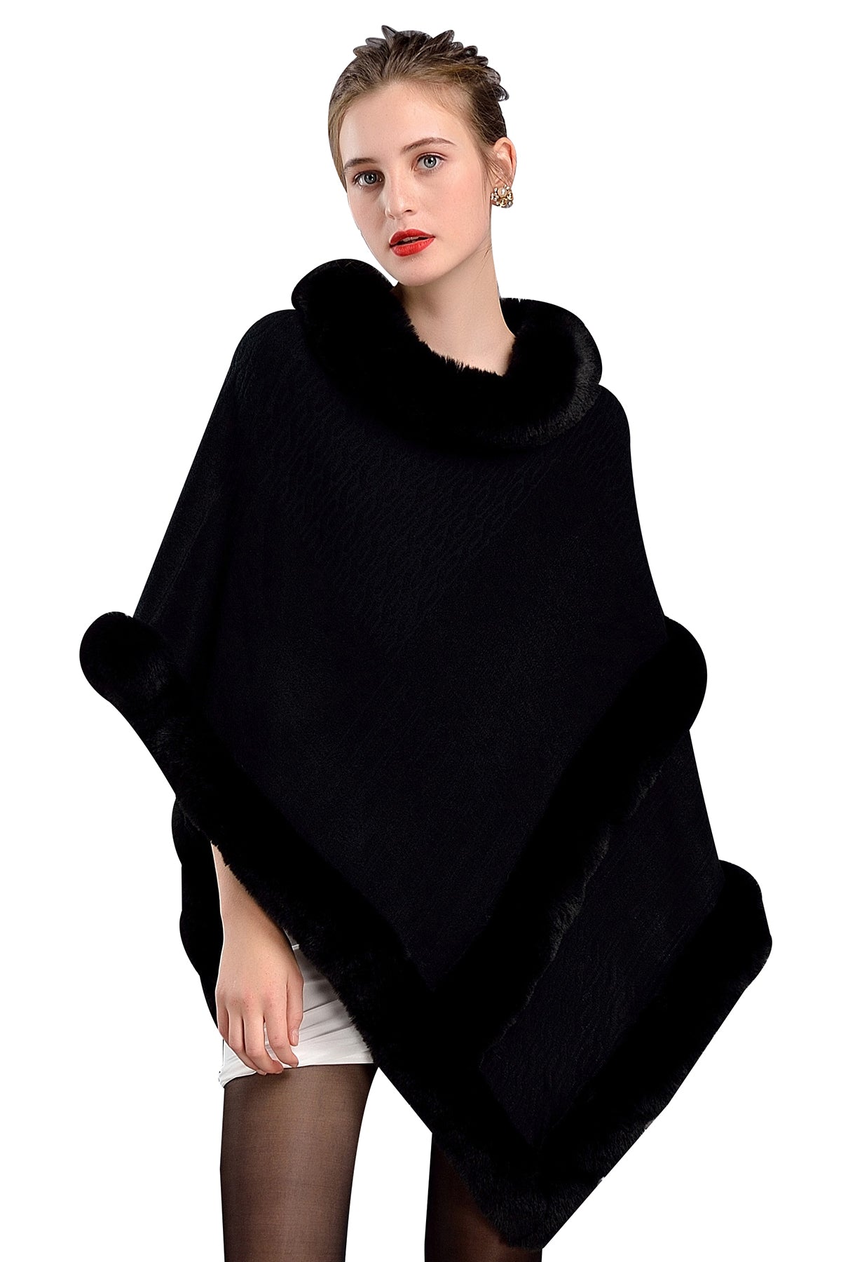 Women-Faux-Fur-Fine-Knit-Irregular-Trim-Layers-Poncho-Cape-Sweater-Pink-Black-Beige